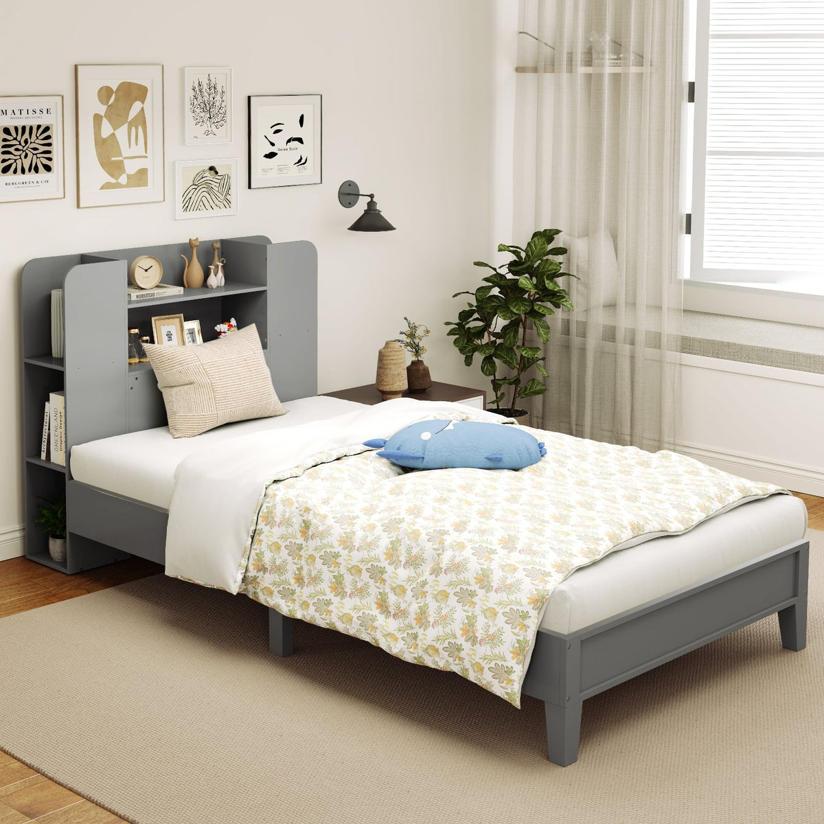 Twin Size Wooden Platform Bed Frame with Bookcase Headboard-Gray-Toddler Beds-DECOROLALA