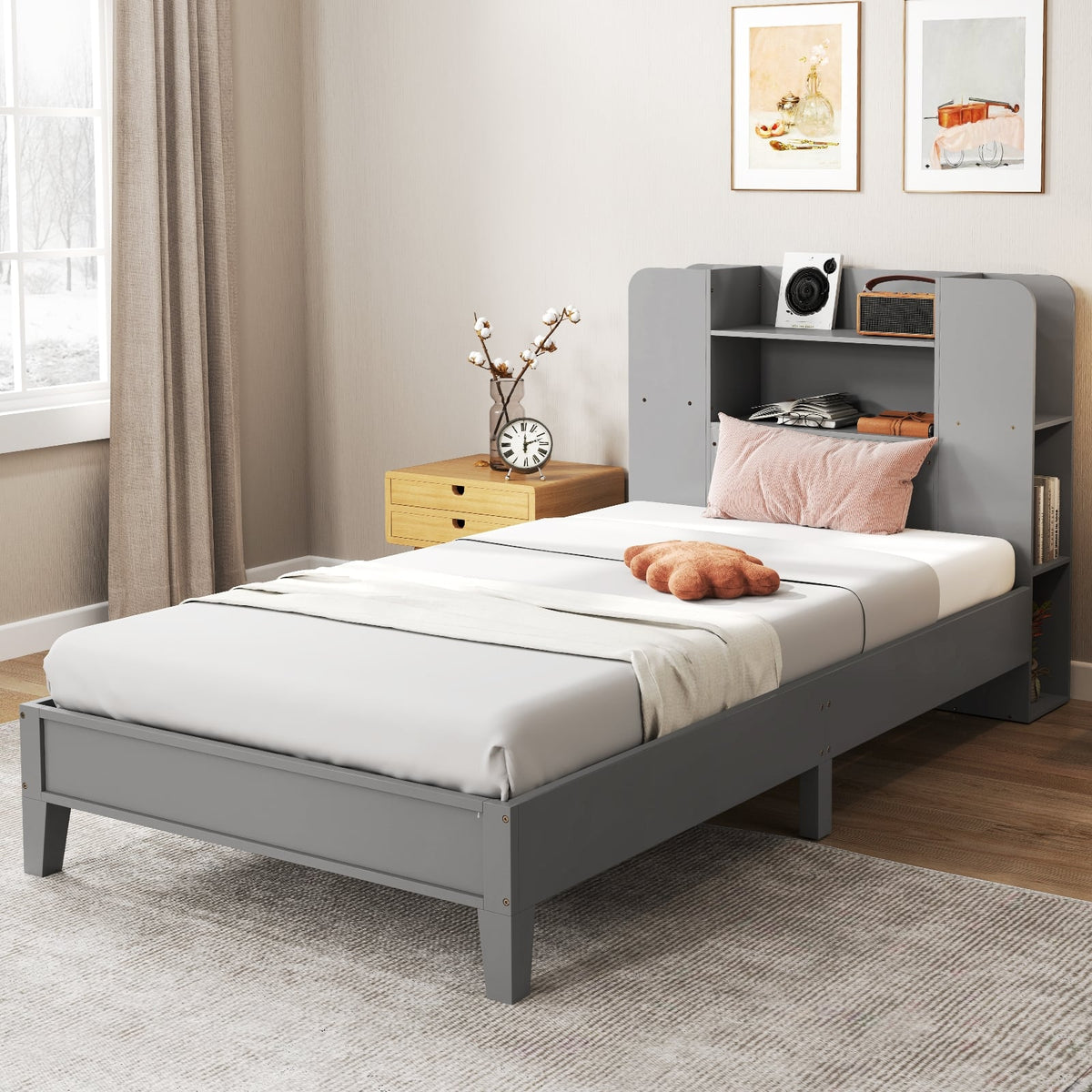 Twin Size Wooden Platform Bed Frame with Bookcase Headboard-Gray-Toddler Beds-DECOROLALA
