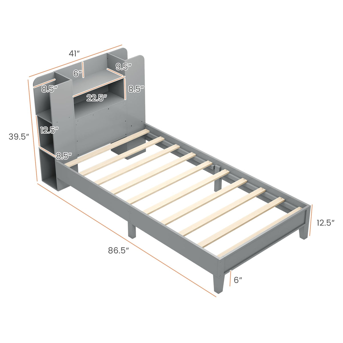 Twin Size Wooden Platform Bed Frame with Bookcase Headboard-Gray-Toddler Beds-DECOROLALA
