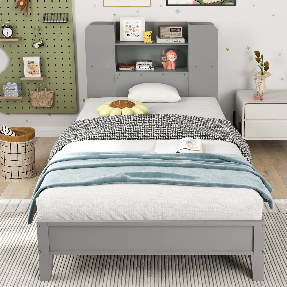 Twin Size Wooden Platform Bed Frame with Bookcase Headboard-Gray-Toddler Beds-DECOROLALA