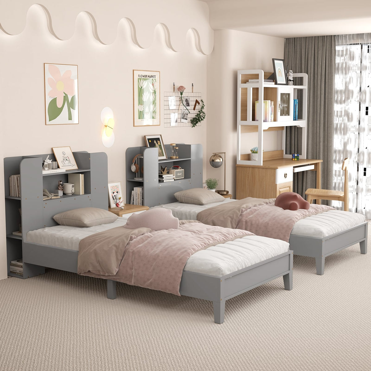 Twin Size Wooden Platform Bed Frame with Bookcase Headboard-Gray-Toddler Beds-DECOROLALA