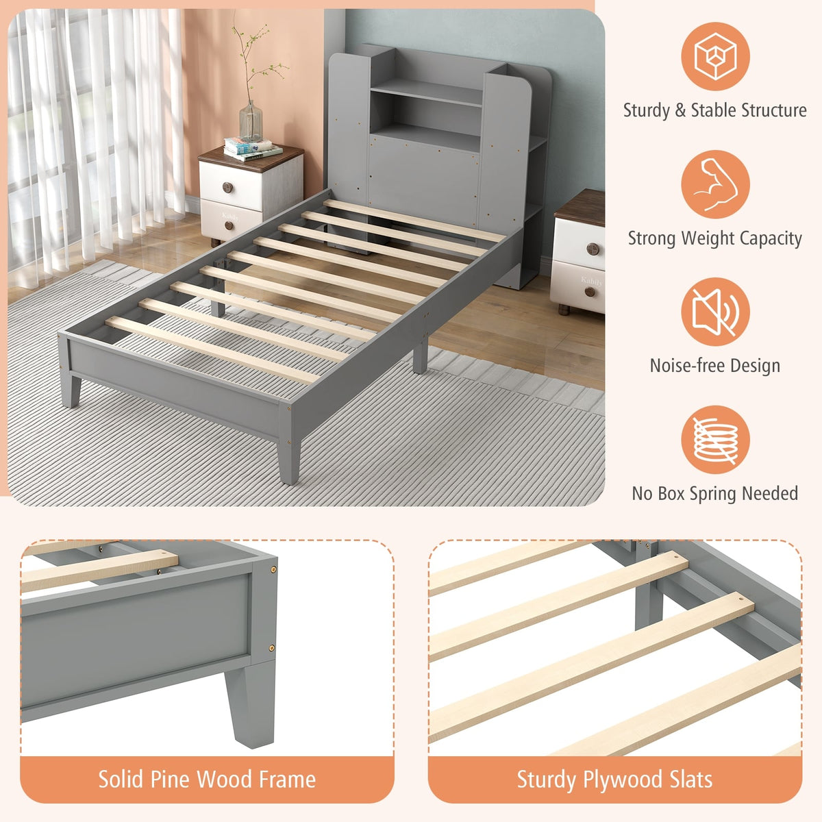 Twin Size Wooden Platform Bed Frame with Bookcase Headboard-Gray-Toddler Beds-DECOROLALA