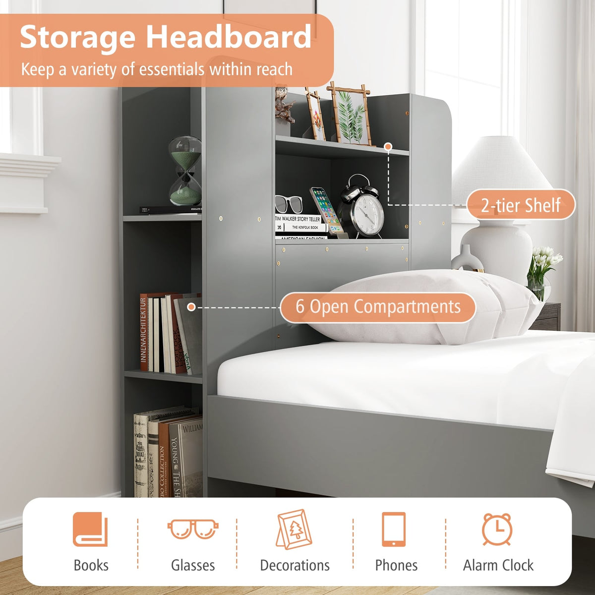 Twin Size Wooden Platform Bed Frame with Bookcase Headboard-Gray-Toddler Beds-DECOROLALA