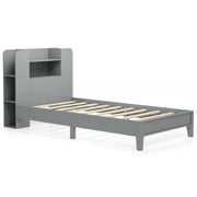 Twin Size Wooden Platform Bed Frame with Bookcase Headboard-Gray-Toddler Beds-DECOROLALA