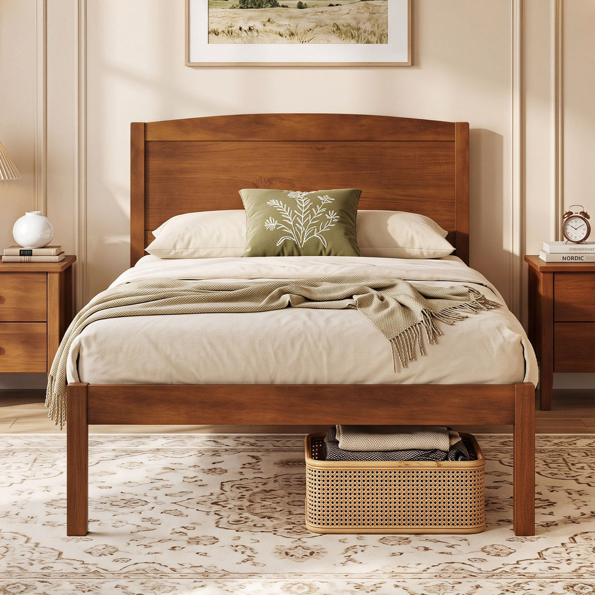 Twin Size Wooden Platform Bed Frame with Curved Headboard-Beds & Bed Frames-DECOROLALA