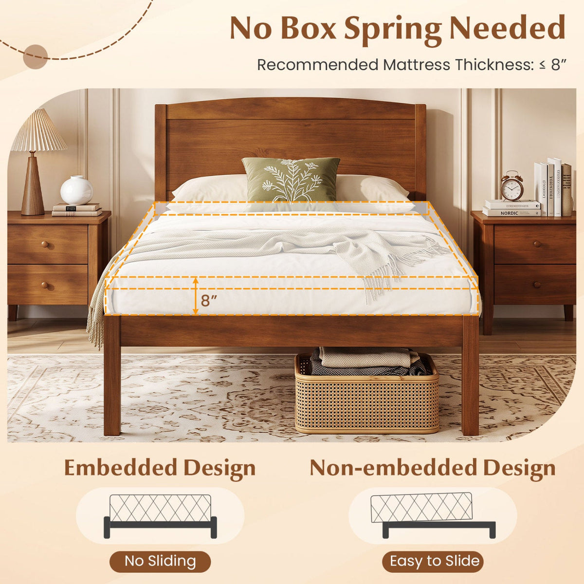 Twin Size Wooden Platform Bed Frame with Curved Headboard-Beds & Bed Frames-DECOROLALA