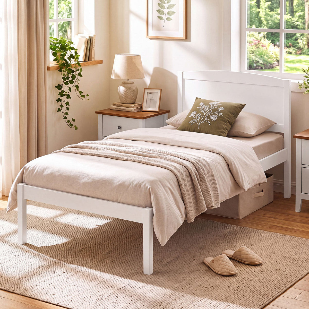 Twin Size Wooden Platform Bed Frame with Curved Headboard-Beds & Bed Frames-DECOROLALA