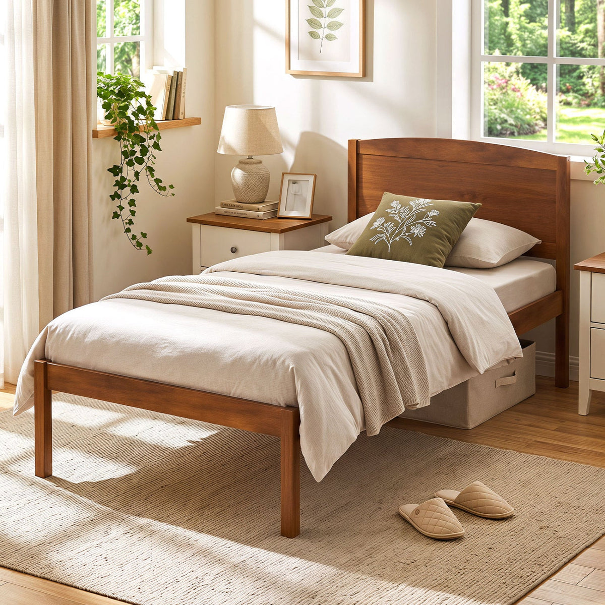 Twin Size Wooden Platform Bed Frame with Curved Headboard-Beds & Bed Frames-DECOROLALA