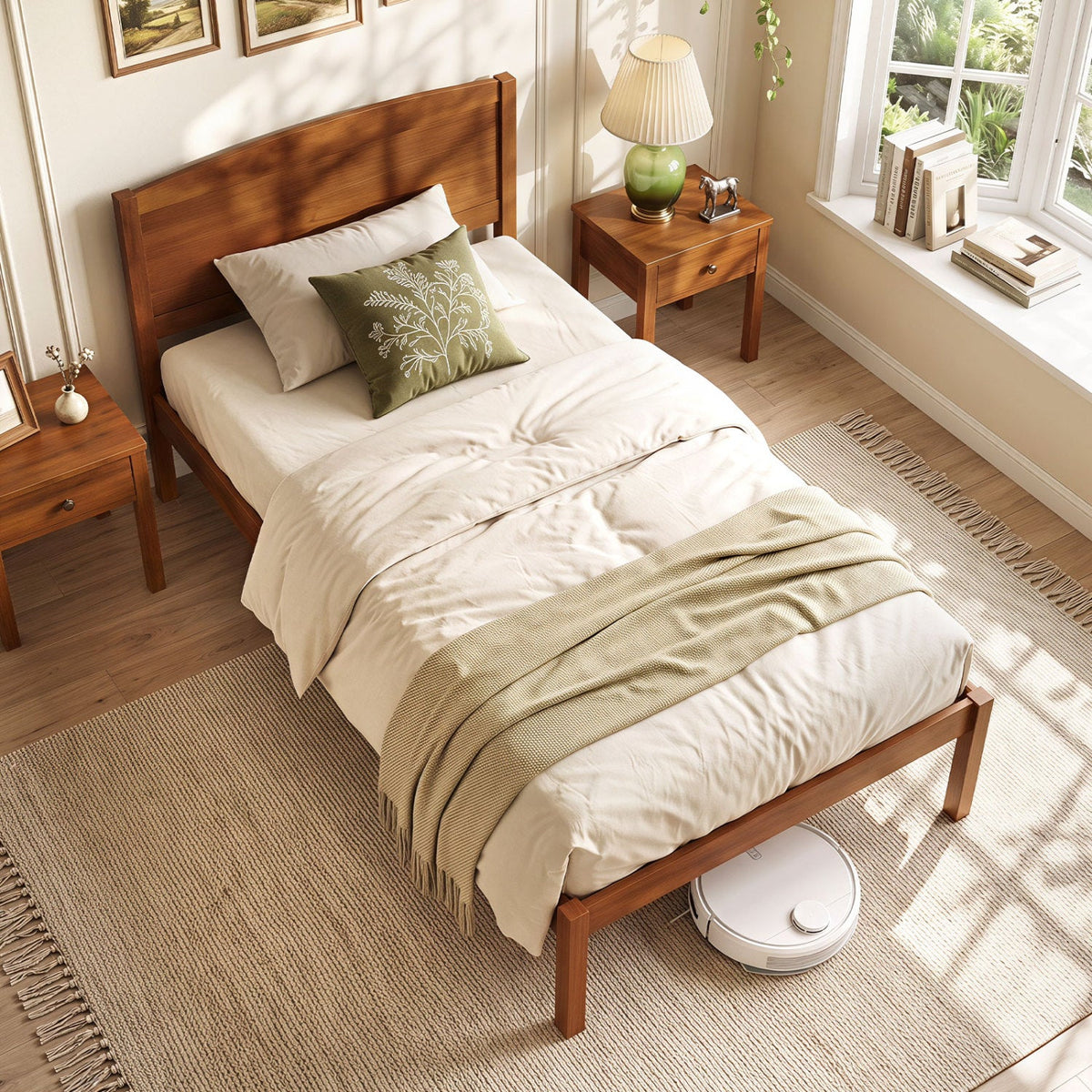 Twin Size Wooden Platform Bed Frame with Curved Headboard-Beds & Bed Frames-DECOROLALA