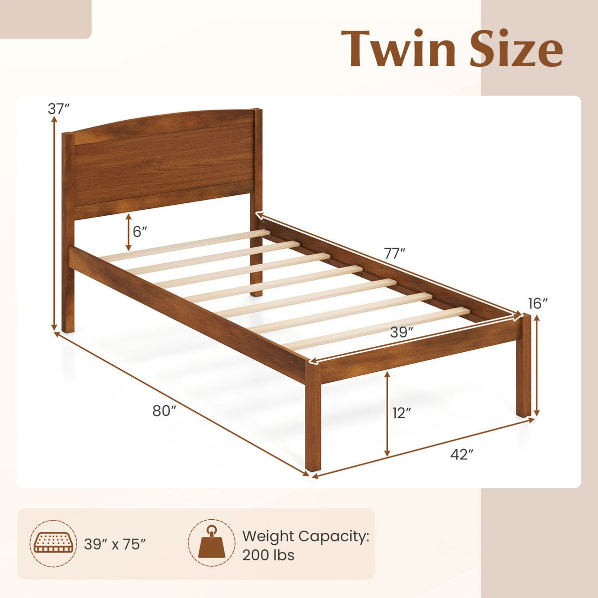 Twin Size Wooden Platform Bed Frame with Curved Headboard-Beds & Bed Frames-DECOROLALA