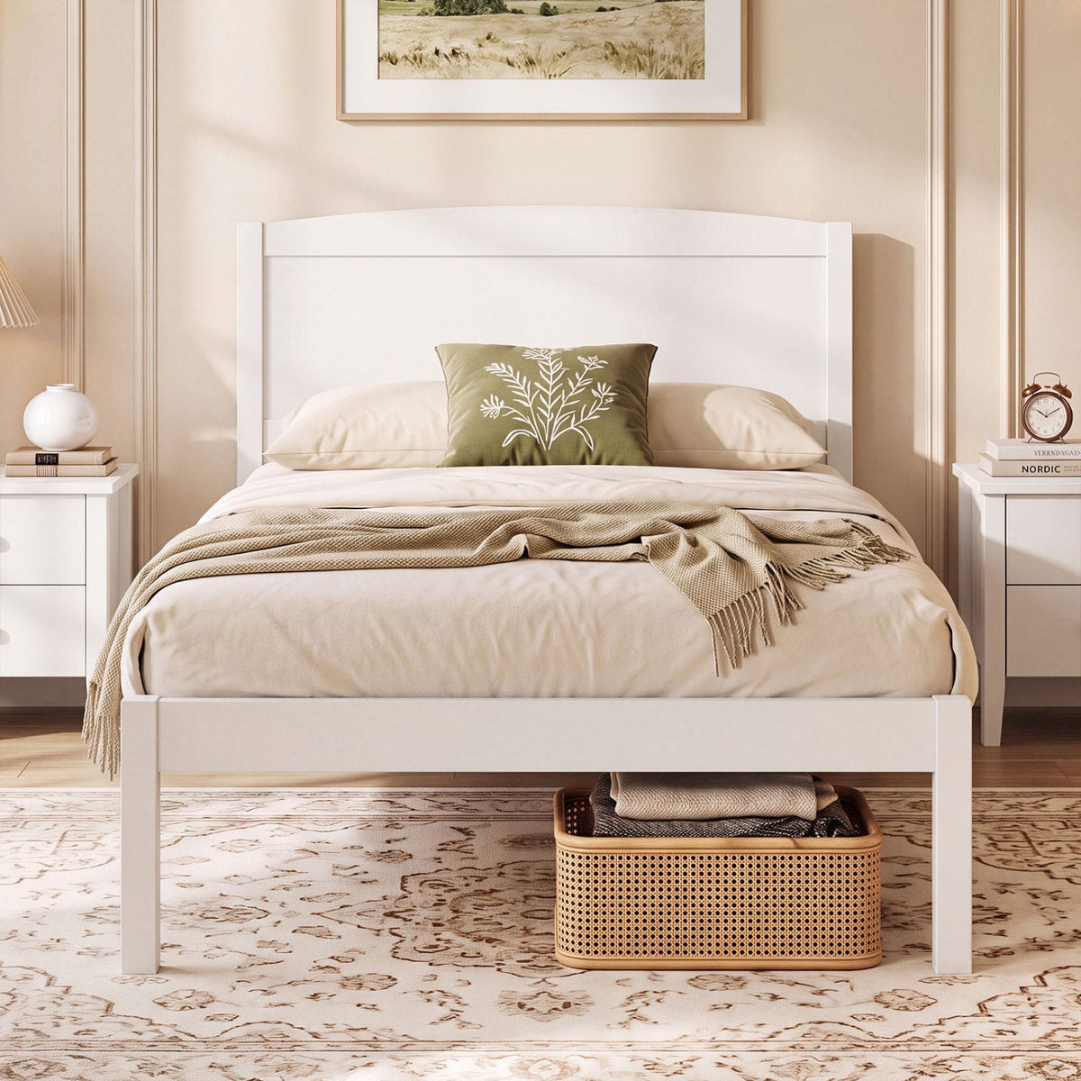 Twin Size Wooden Platform Bed Frame with Curved Headboard-Beds & Bed Frames-DECOROLALA