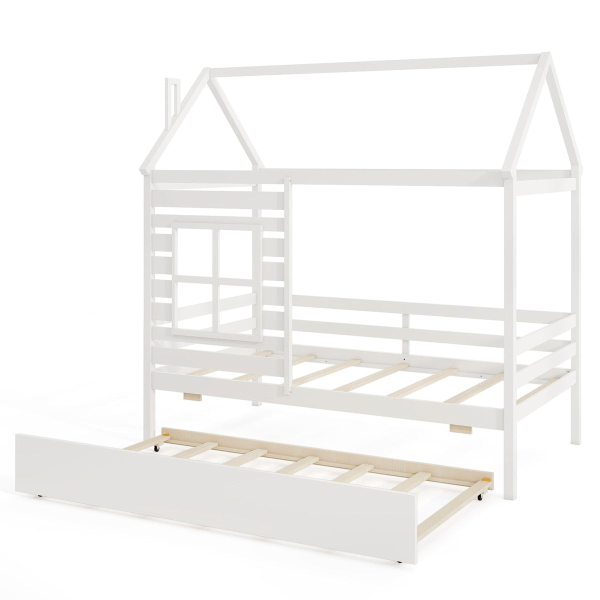 Twin Size Wooden Platform House Bed with Trundle and Roof-Grey-Trundle Bed Frame-DECOROLALA