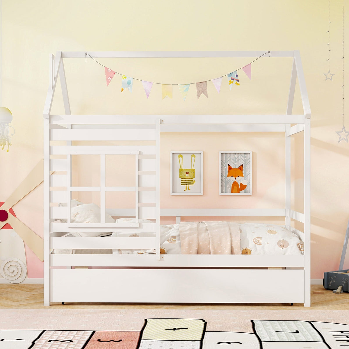 Twin Size Wooden Platform House Bed with Trundle and Roof-Grey-Trundle Bed Frame-DECOROLALA