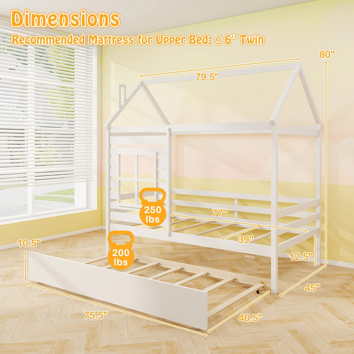 Twin Size Wooden Platform House Bed with Trundle and Roof-Grey-Trundle Bed Frame-DECOROLALA