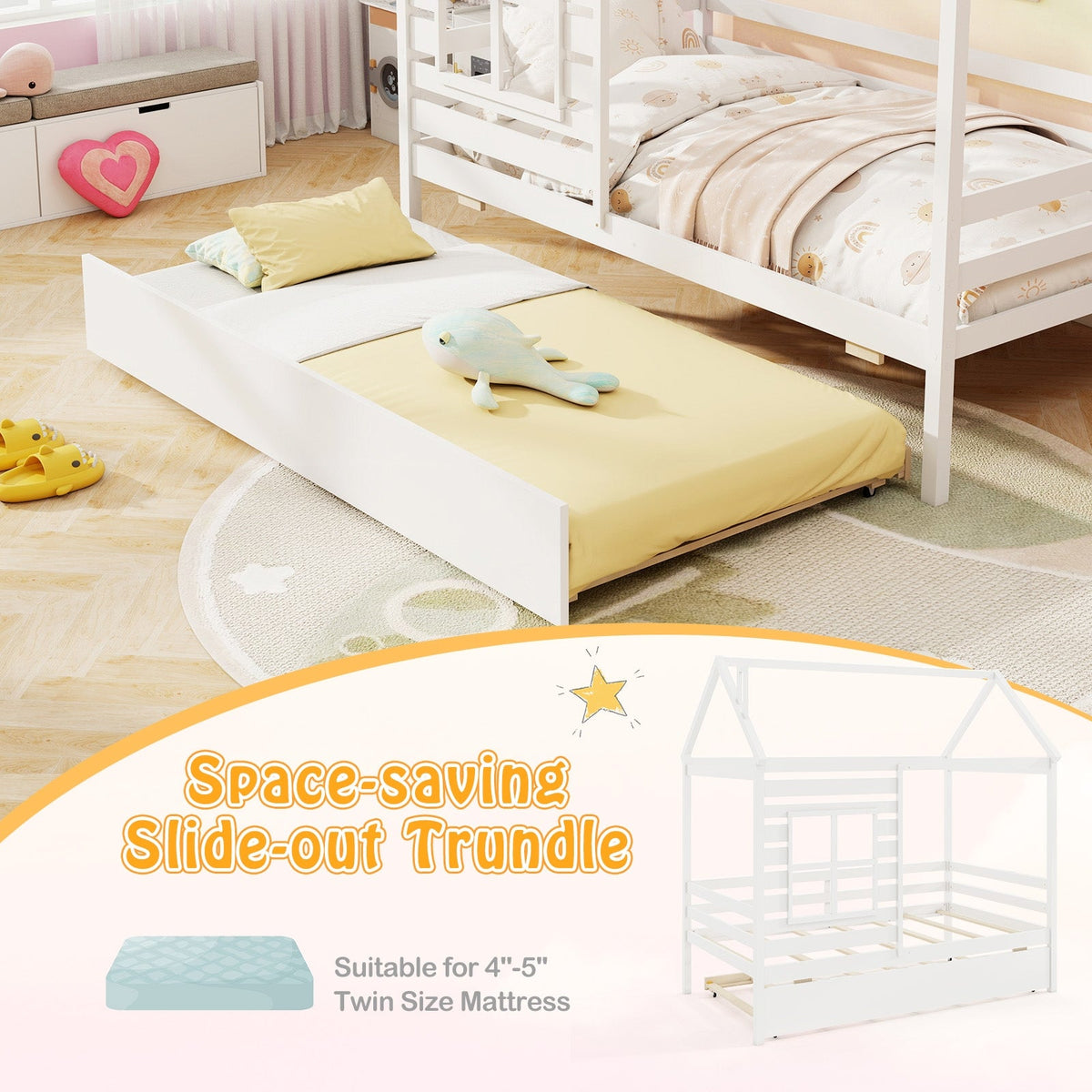 Twin Size Wooden Platform House Bed with Trundle and Roof-Grey-Trundle Bed Frame-DECOROLALA