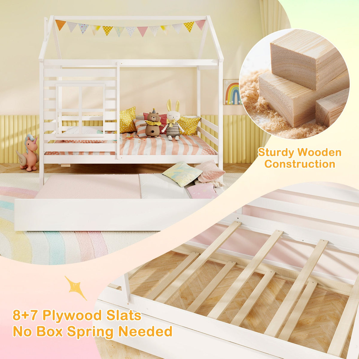 Twin Size Wooden Platform House Bed with Trundle and Roof-Grey-Trundle Bed Frame-DECOROLALA