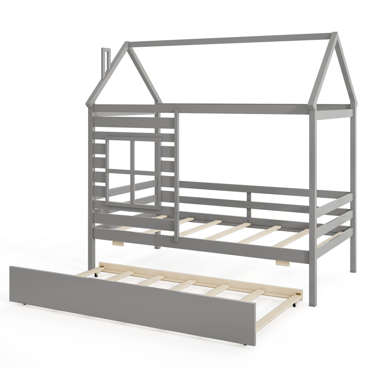 Twin Size Wooden Platform House Bed with Trundle and Roof-Grey-Trundle Bed Frame-DECOROLALA