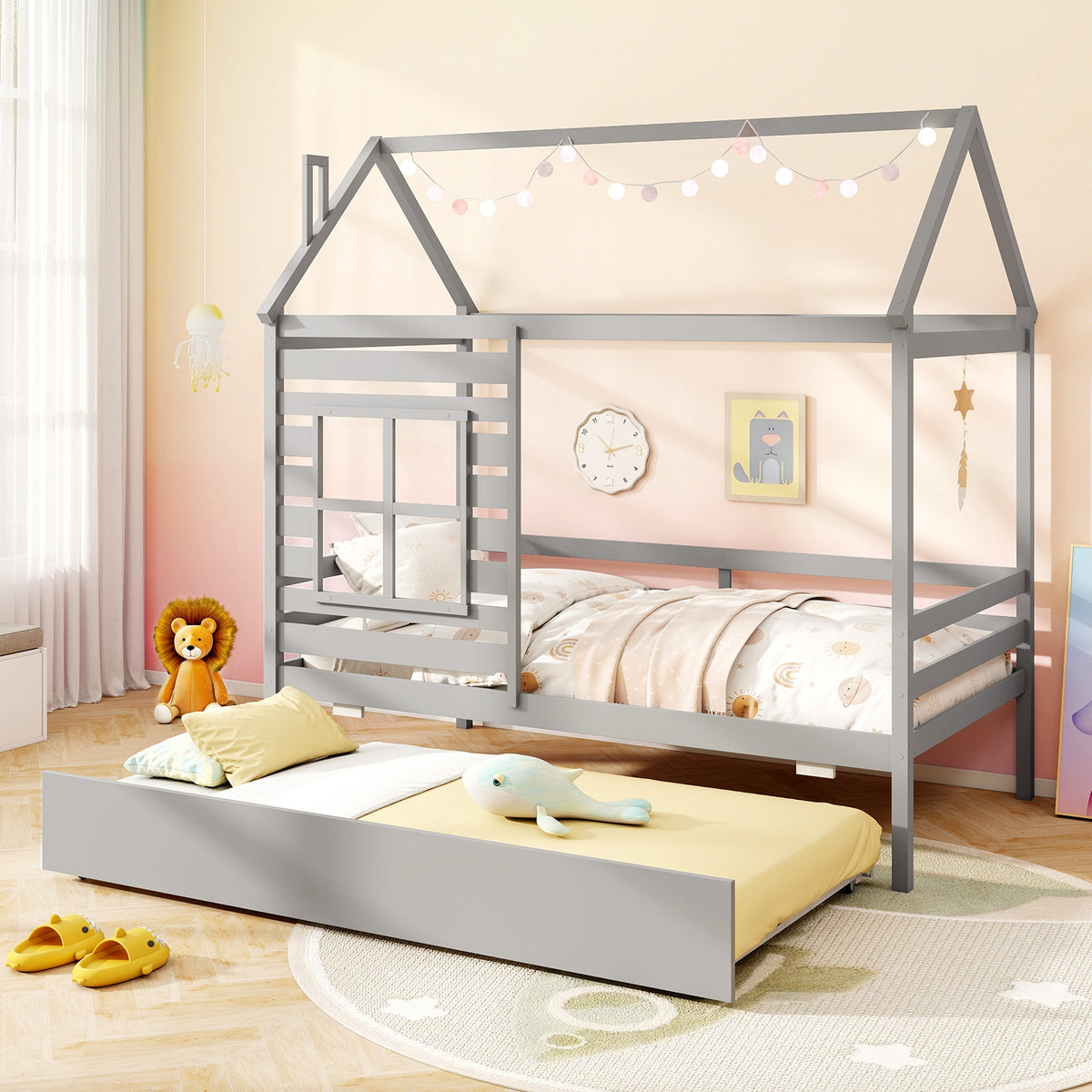 Twin Size Wooden Platform House Bed with Trundle and Roof-Grey-Trundle Bed Frame-DECOROLALA