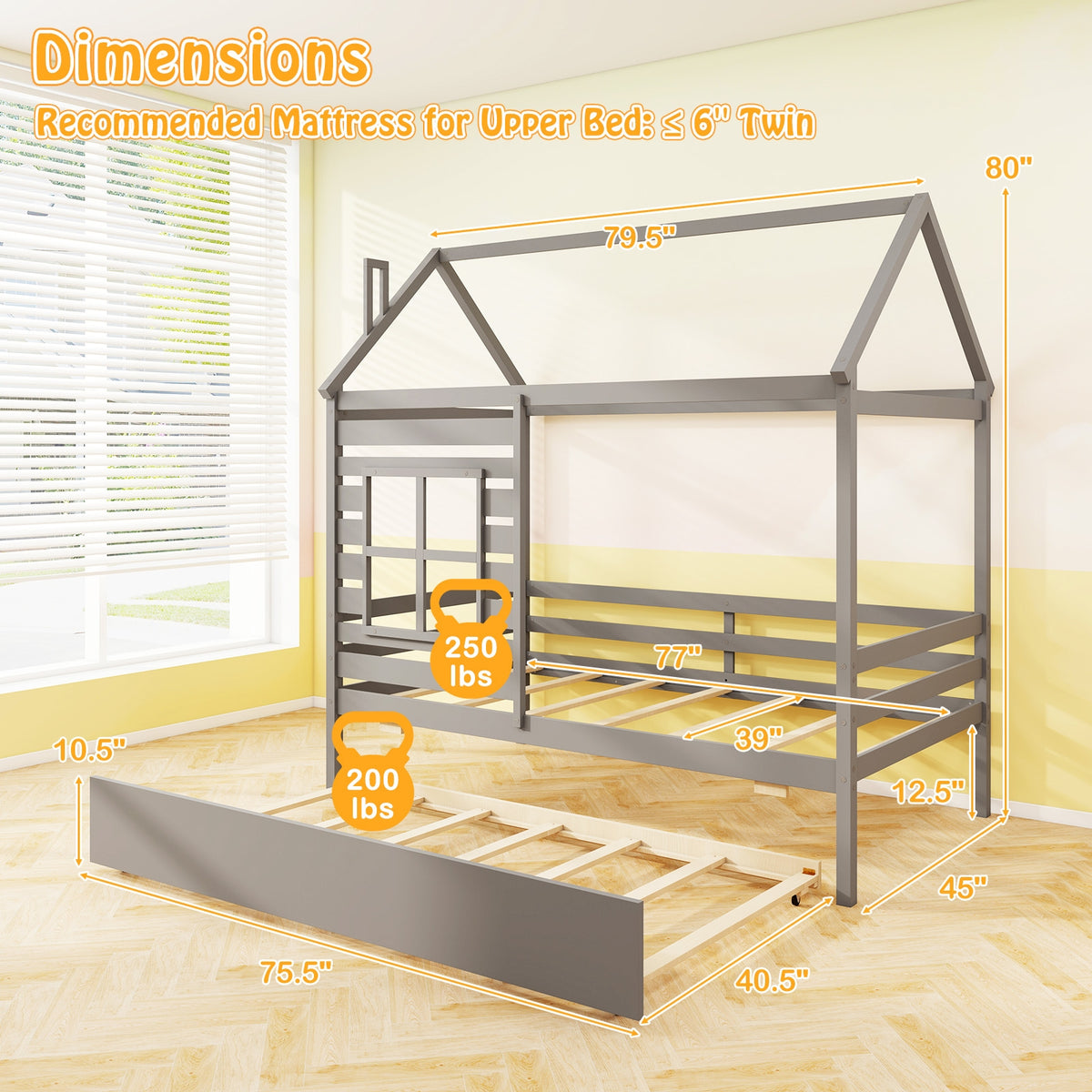 Twin Size Wooden Platform House Bed with Trundle and Roof-Grey-Trundle Bed Frame-DECOROLALA