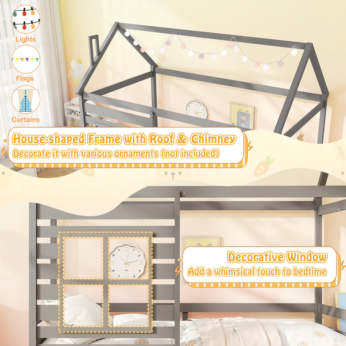 Twin Size Wooden Platform House Bed with Trundle and Roof-Grey-Trundle Bed Frame-DECOROLALA
