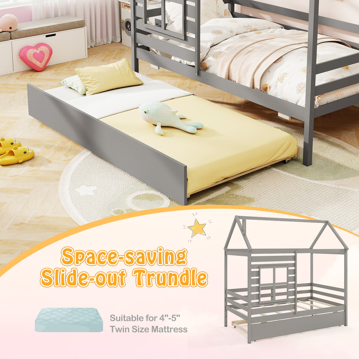 Twin Size Wooden Platform House Bed with Trundle and Roof-Grey-Trundle Bed Frame-DECOROLALA
