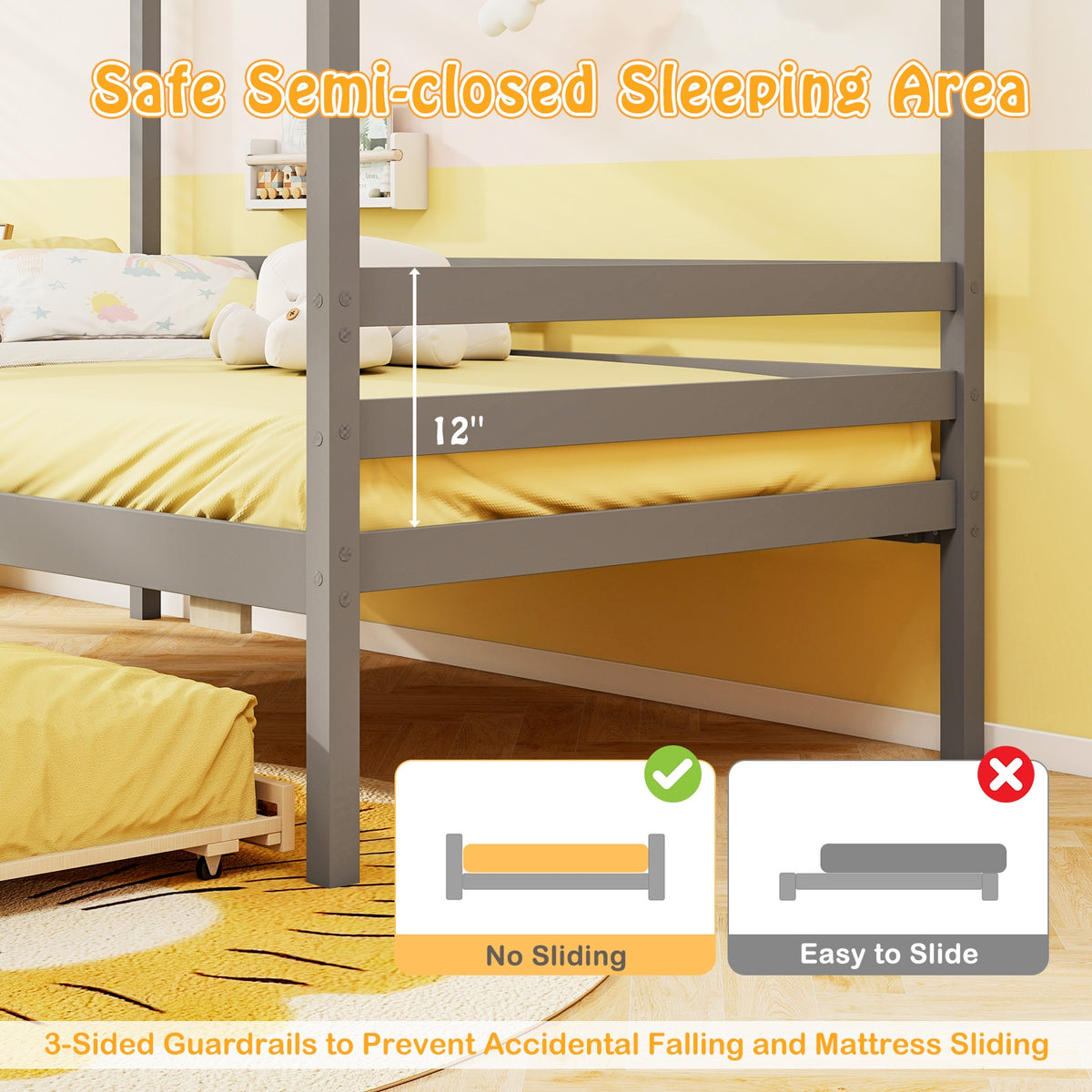 Twin Size Wooden Platform House Bed with Trundle and Roof-Grey-Trundle Bed Frame-DECOROLALA