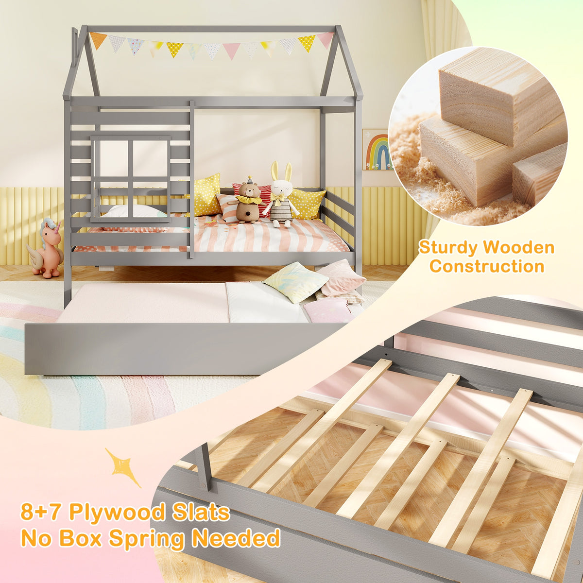 Twin Size Wooden Platform House Bed with Trundle and Roof-Grey-Trundle Bed Frame-DECOROLALA