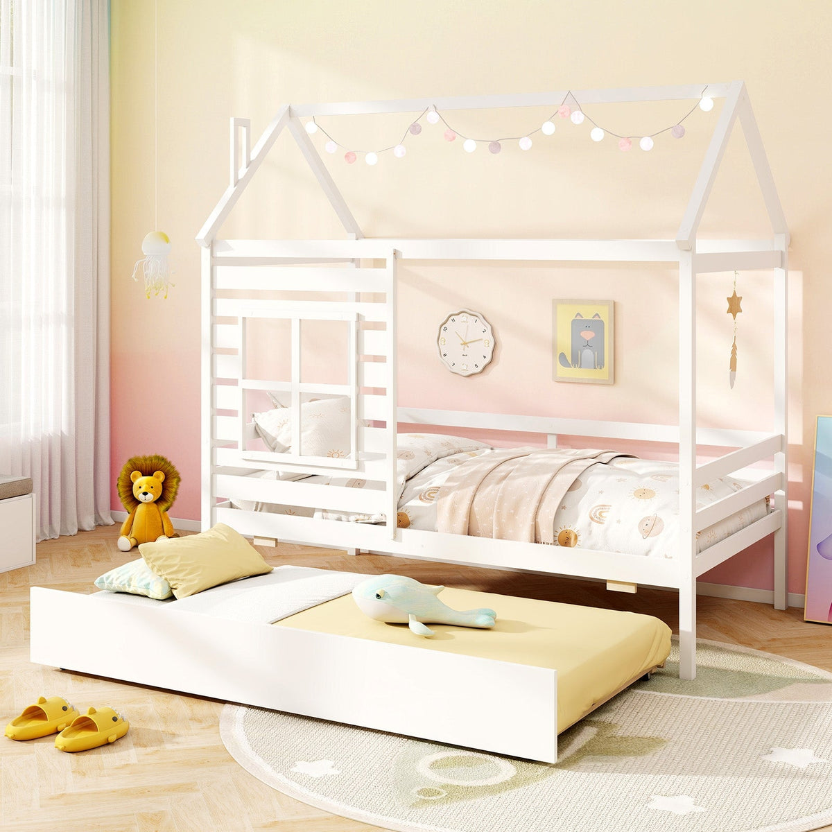 Twin Size Wooden Platform House Bed with Trundle and Roof-Grey-Trundle Bed Frame-DECOROLALA
