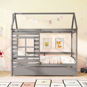 Twin Size Wooden Platform House Bed with Trundle and Roof-Grey-Trundle Bed Frame-DECOROLALA