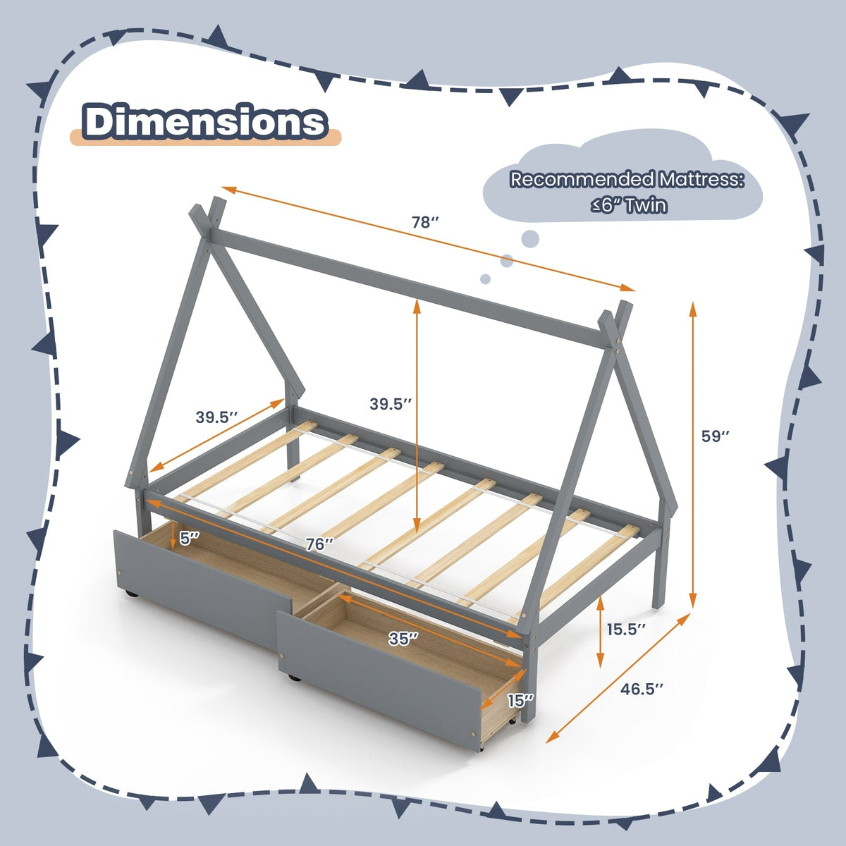 Twin Size Wooden Tent Platform House Bed with 2 Drawers-Simple Bed Frame-DECOROLALA