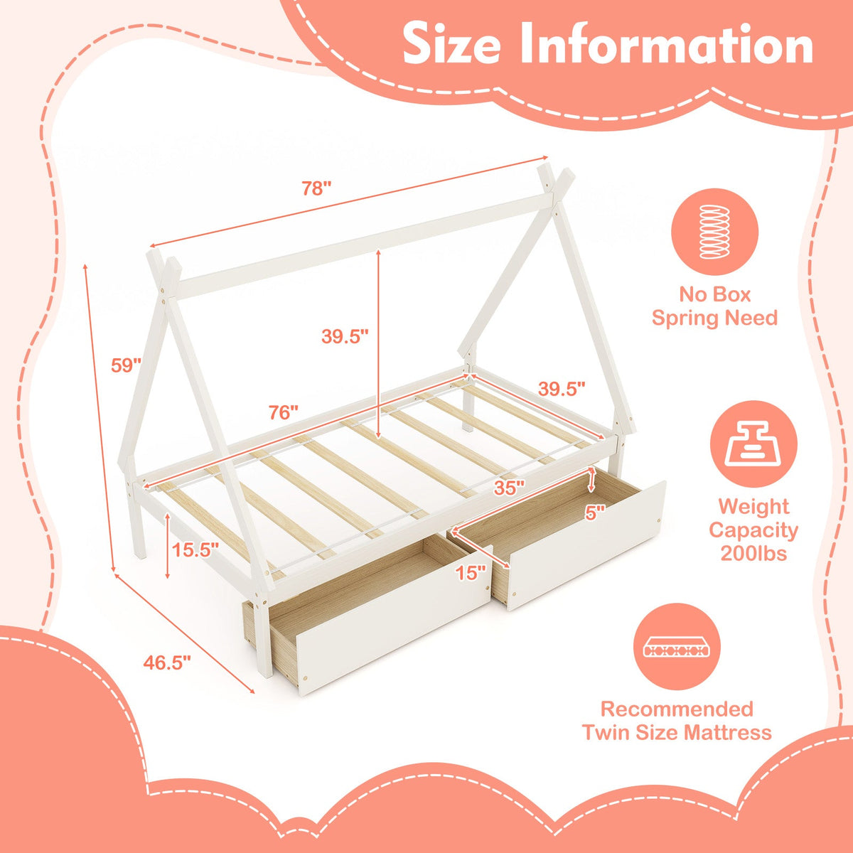 Twin Size Wooden Tent Platform House Bed with 2 Drawers-Simple Bed Frame-DECOROLALA
