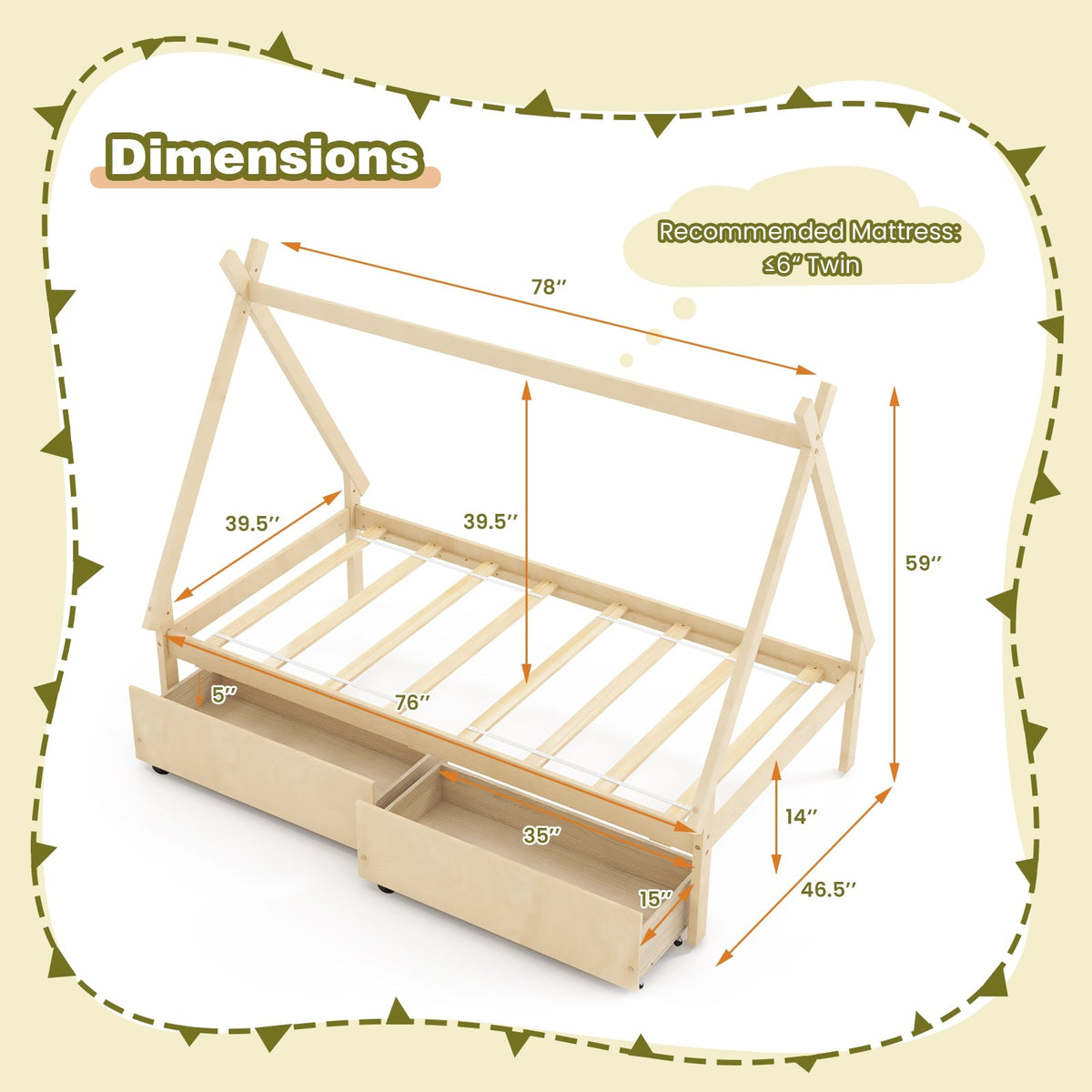 Twin Size Wooden Tent Platform House Bed with 2 Drawers-Simple Bed Frame-DECOROLALA