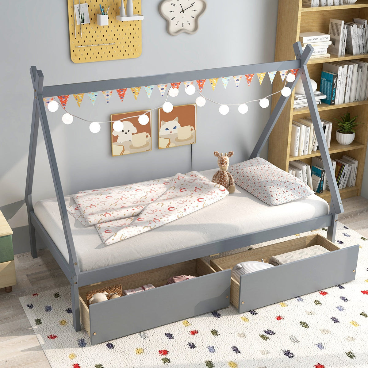 Twin Size Wooden Tent Platform House Bed with 2 Drawers-Simple Bed Frame-DECOROLALA