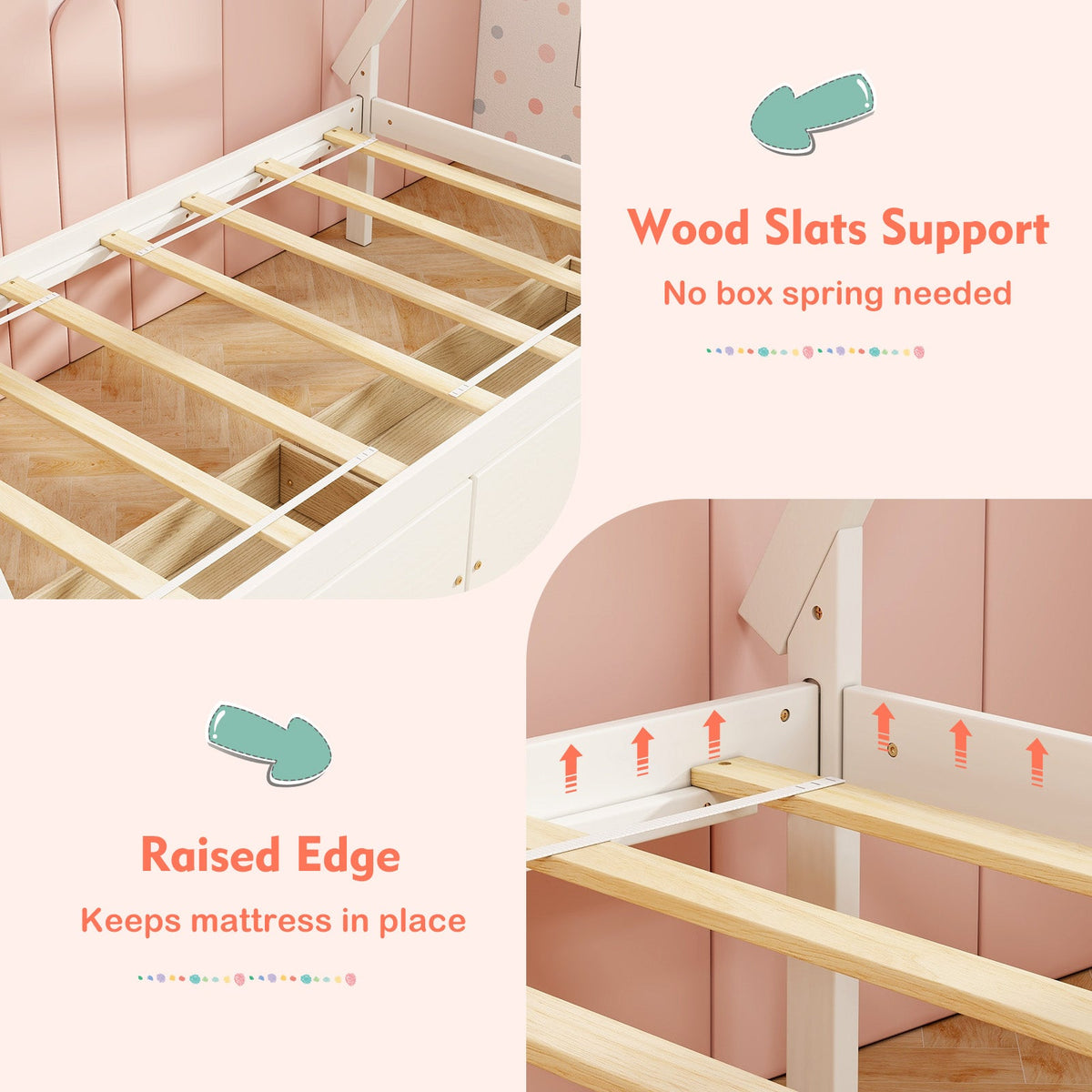 Twin Size Wooden Tent Platform House Bed with 2 Drawers-Simple Bed Frame-DECOROLALA