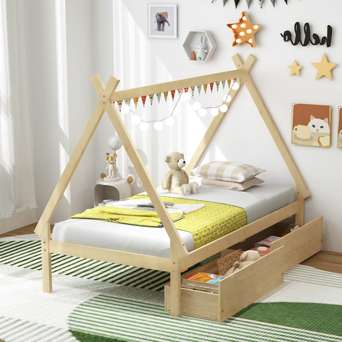 Twin Size Wooden Tent Platform House Bed with 2 Drawers-Simple Bed Frame-DECOROLALA
