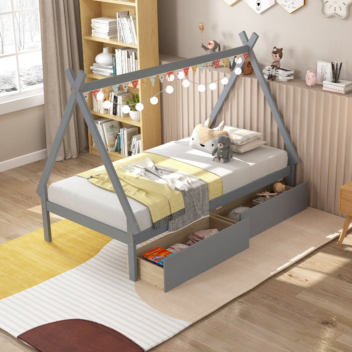 Twin Size Wooden Tent Platform House Bed with 2 Drawers-Simple Bed Frame-DECOROLALA