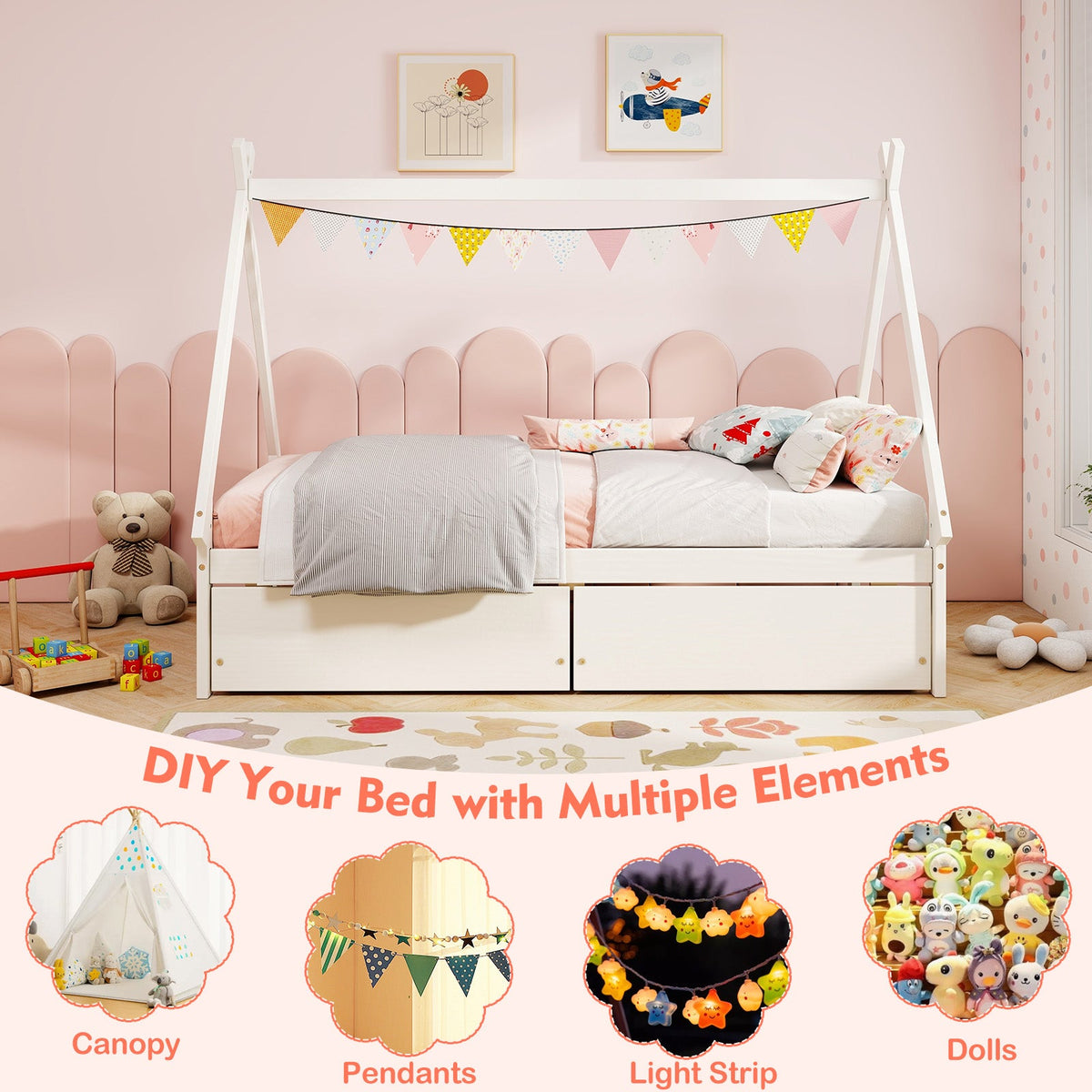 Twin Size Wooden Tent Platform House Bed with 2 Drawers-Simple Bed Frame-DECOROLALA