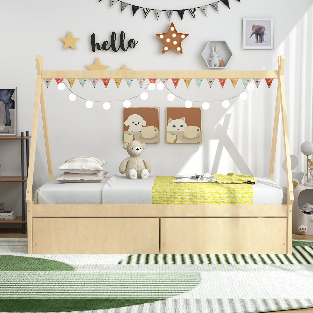 Twin Size Wooden Tent Platform House Bed with 2 Drawers-Simple Bed Frame-DECOROLALA