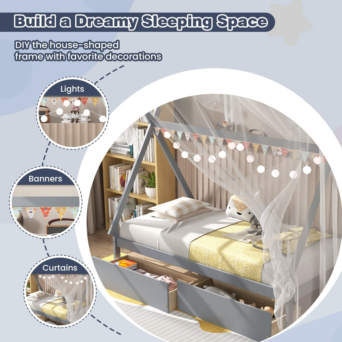 Twin Size Wooden Tent Platform House Bed with 2 Drawers-Simple Bed Frame-DECOROLALA