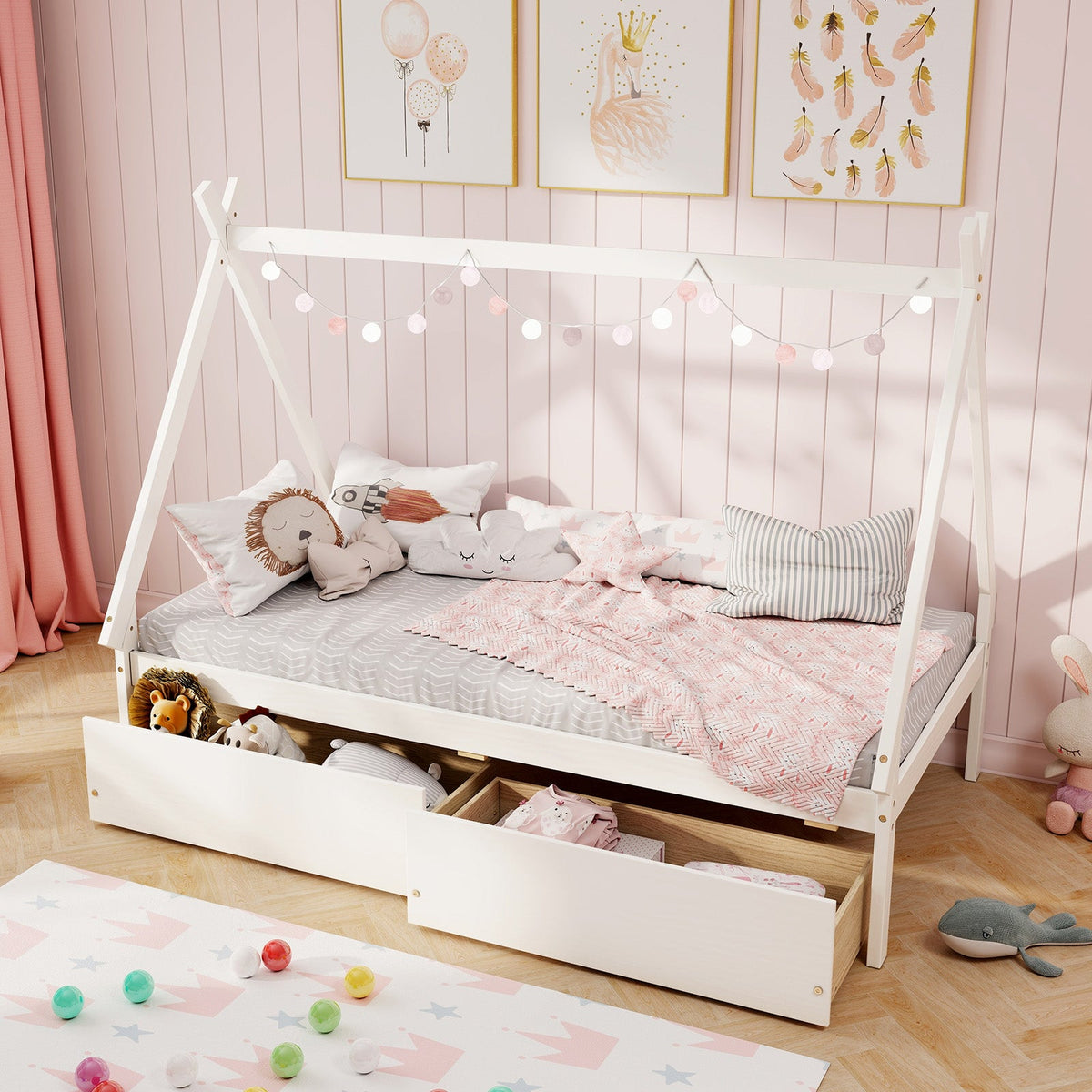 Twin Size Wooden Tent Platform House Bed with 2 Drawers-Simple Bed Frame-DECOROLALA