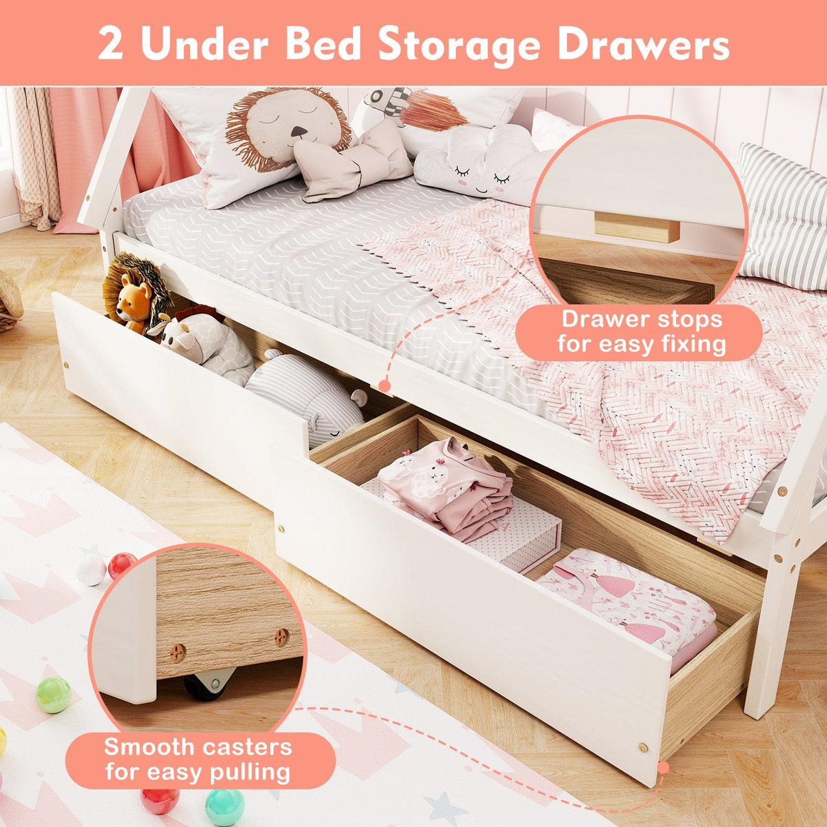 Twin Size Wooden Tent Platform House Bed with 2 Drawers-Simple Bed Frame-DECOROLALA