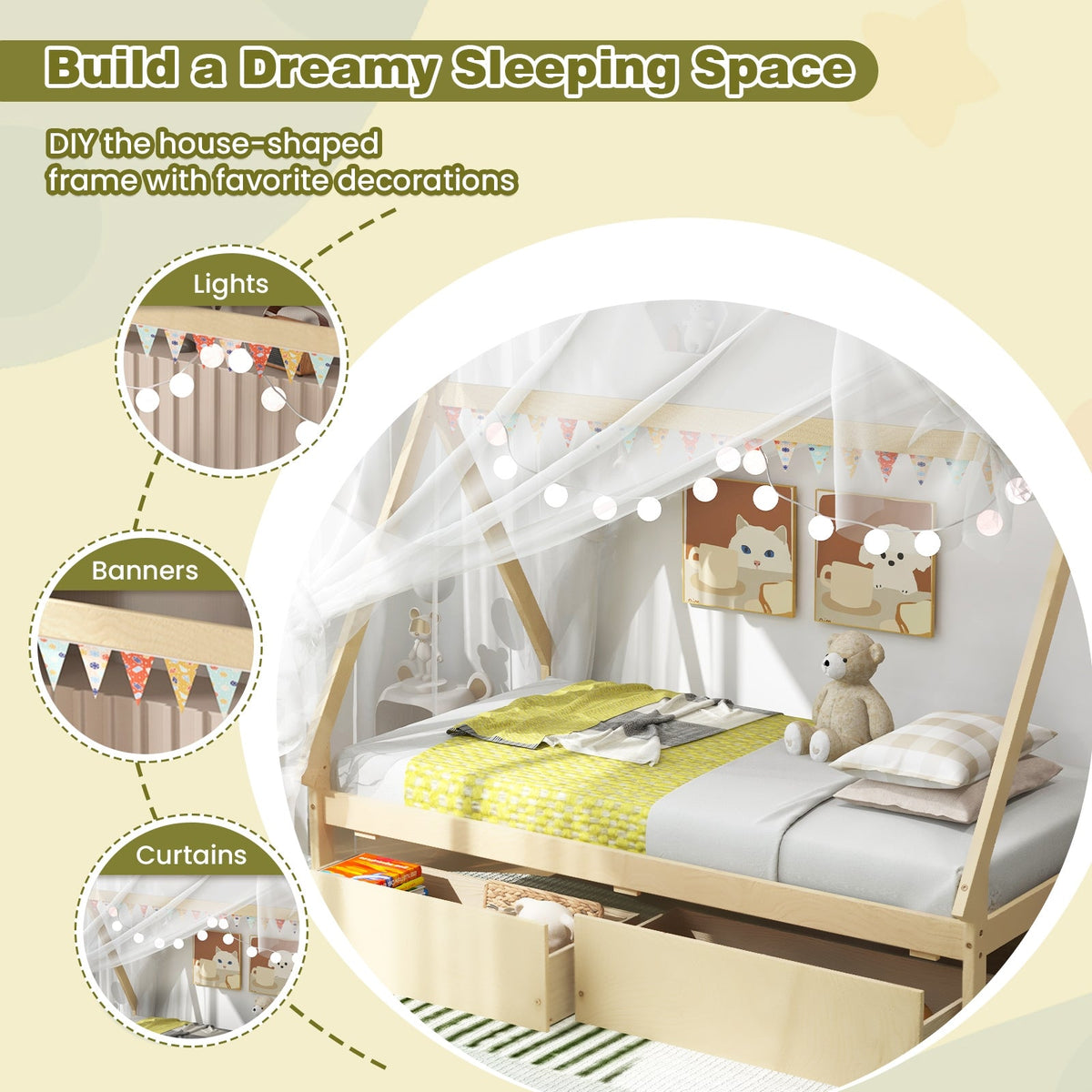 Twin Size Wooden Tent Platform House Bed with 2 Drawers-Simple Bed Frame-DECOROLALA