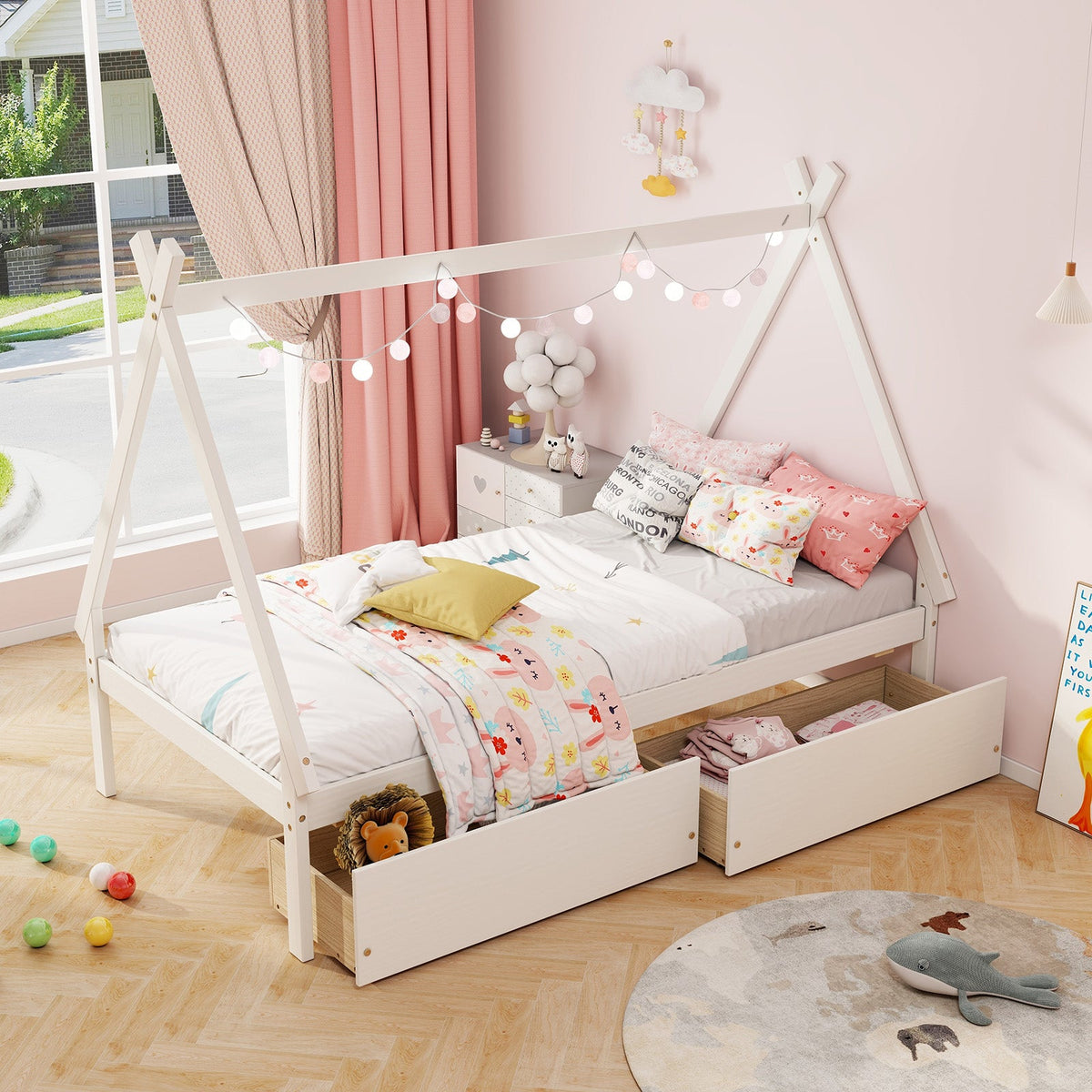 Twin Size Wooden Tent Platform House Bed with 2 Drawers-Simple Bed Frame-DECOROLALA