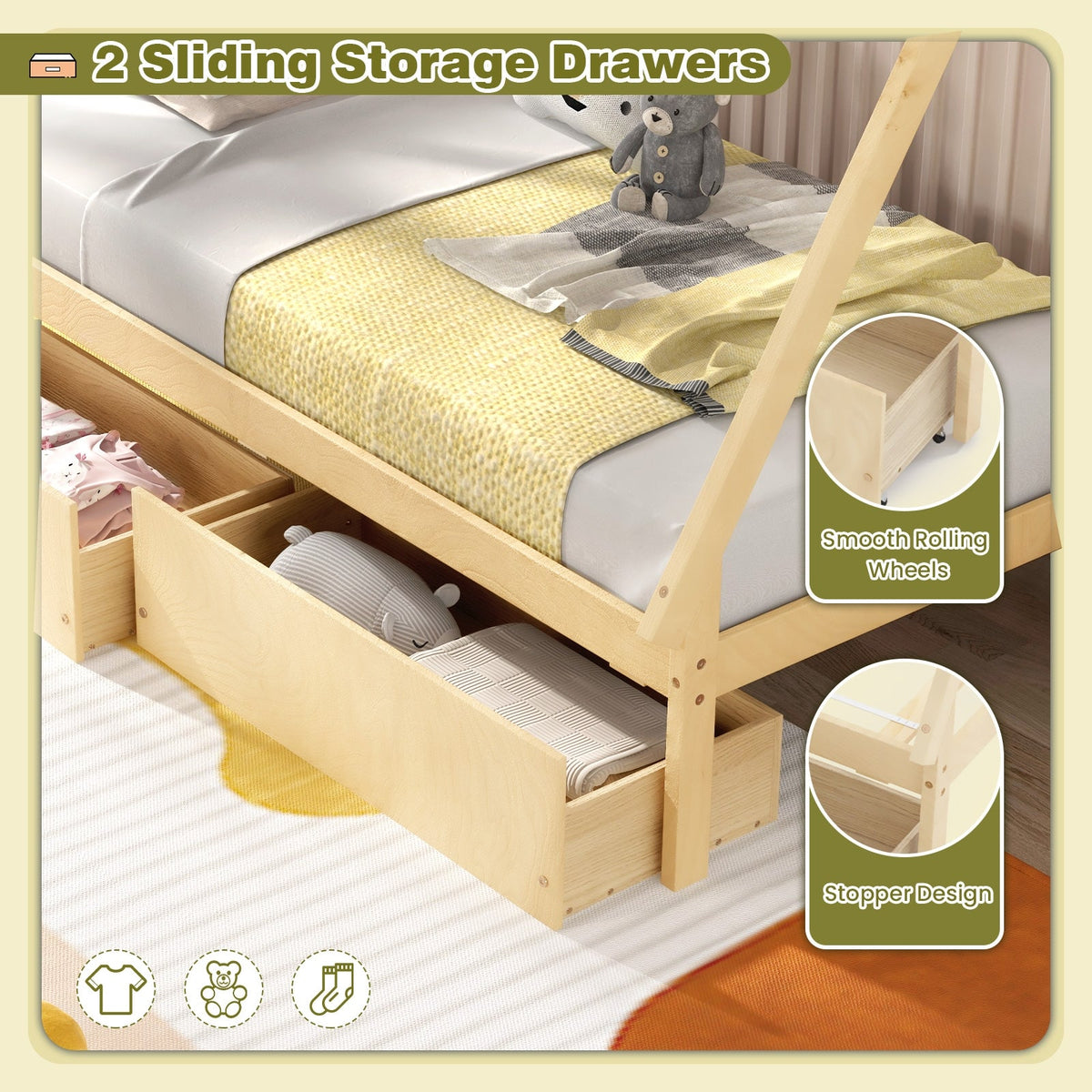 Twin Size Wooden Tent Platform House Bed with 2 Drawers-Simple Bed Frame-DECOROLALA