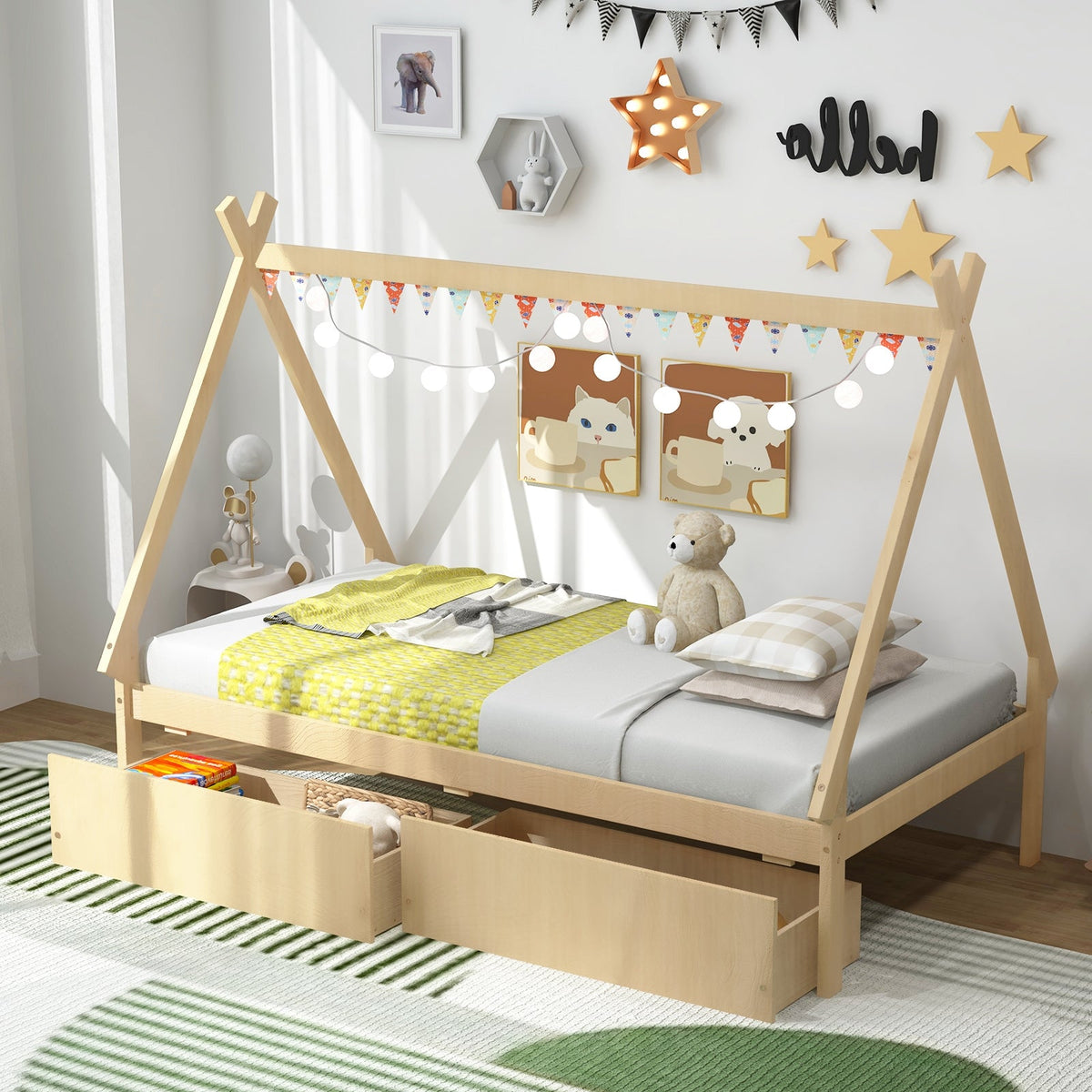 Twin Size Wooden Tent Platform House Bed with 2 Drawers-Simple Bed Frame-DECOROLALA