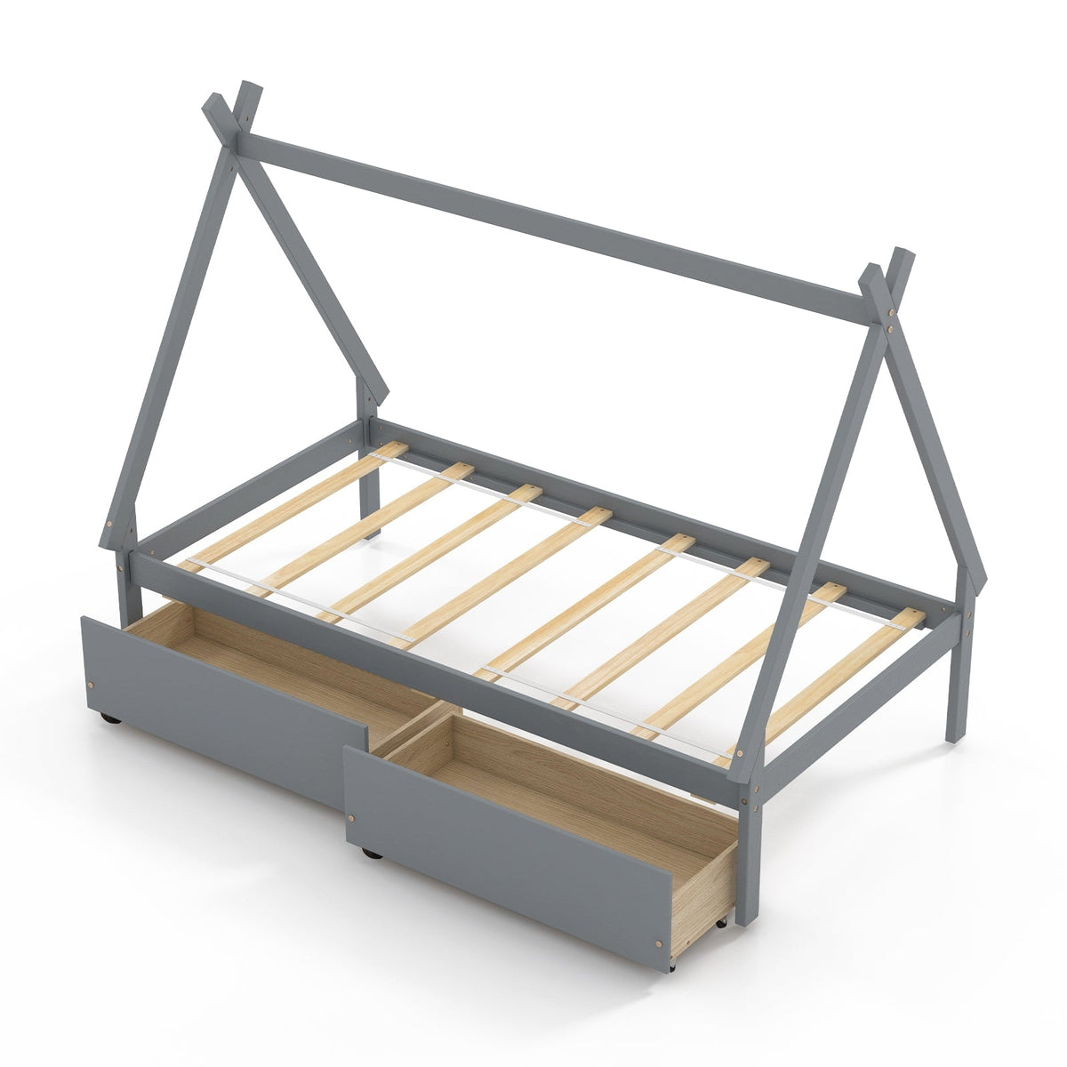 Twin Size Wooden Tent Platform House Bed with 2 Drawers-Simple Bed Frame-DECOROLALA