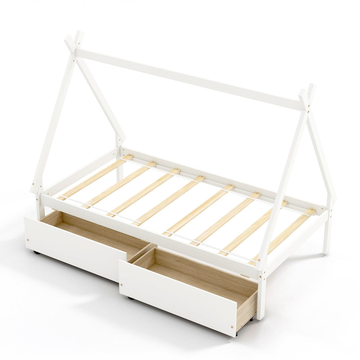 Twin Size Wooden Tent Platform House Bed with 2 Drawers-Simple Bed Frame-DECOROLALA