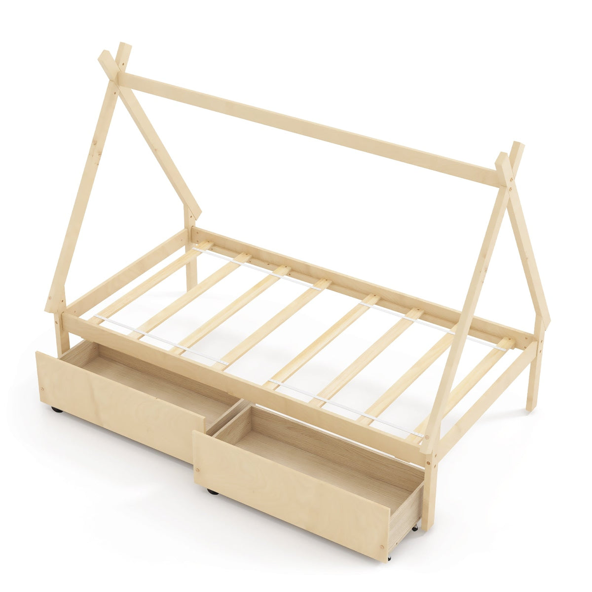 Twin Size Wooden Tent Platform House Bed with 2 Drawers-Simple Bed Frame-DECOROLALA