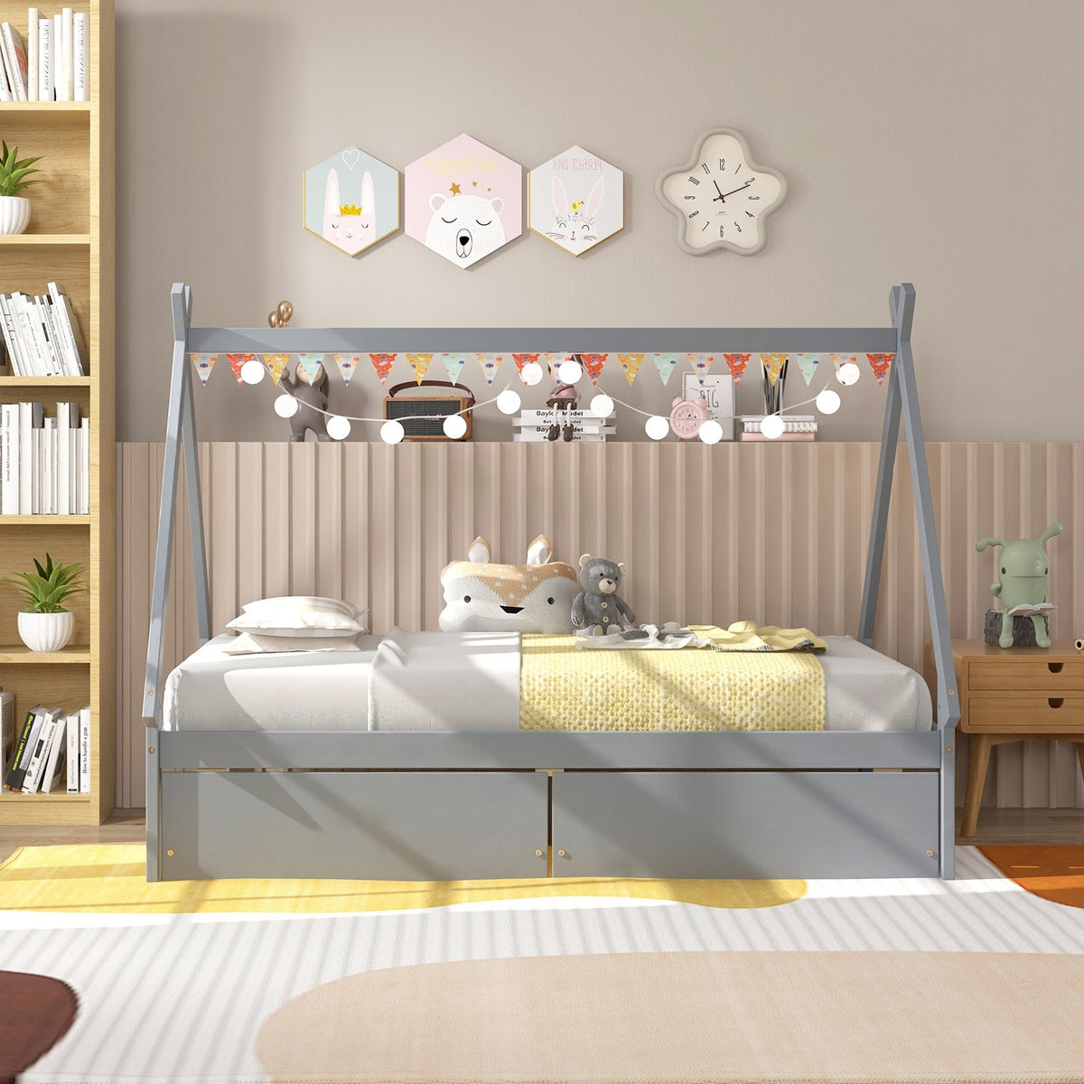 Twin Size Wooden Tent Platform House Bed with 2 Drawers-Simple Bed Frame-DECOROLALA