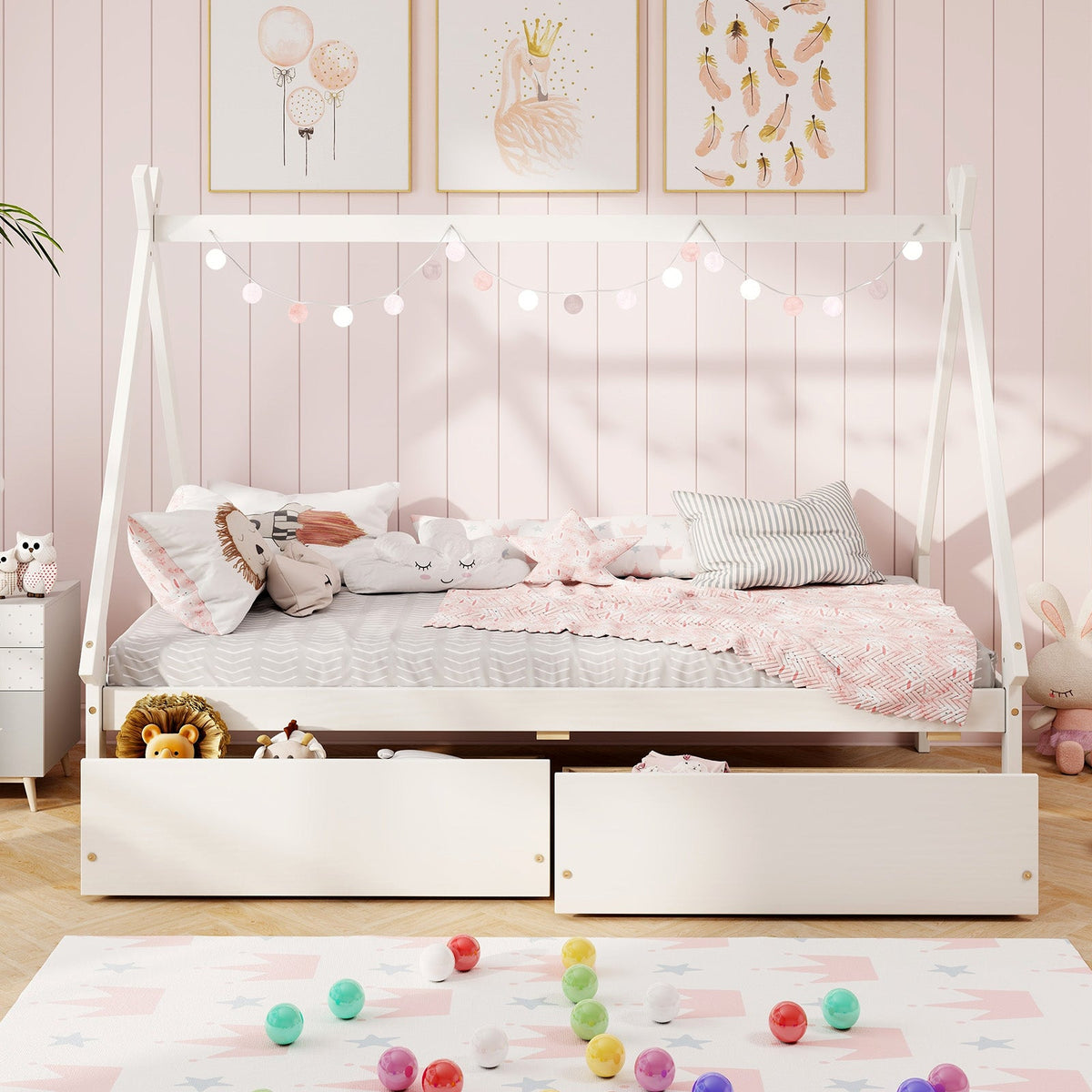 Twin Size Wooden Tent Platform House Bed with 2 Drawers-Simple Bed Frame-DECOROLALA